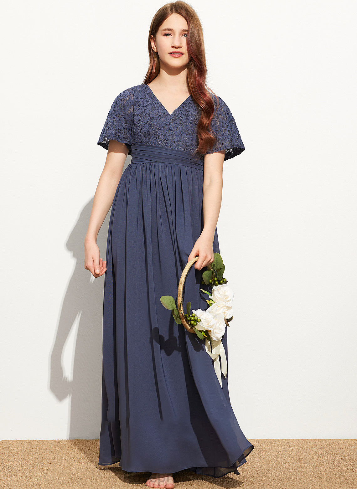 Lace Maci Junior Bridesmaid Dresses V-neck Chiffon Floor-Length With Bow(s) A-Line