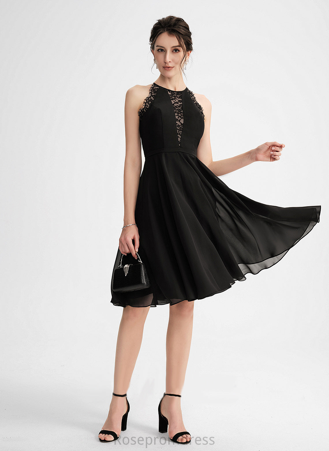 Knee-Length With Lace Dress Neck Chiffon Scoop A-Line Caitlin Cocktail Cocktail Dresses