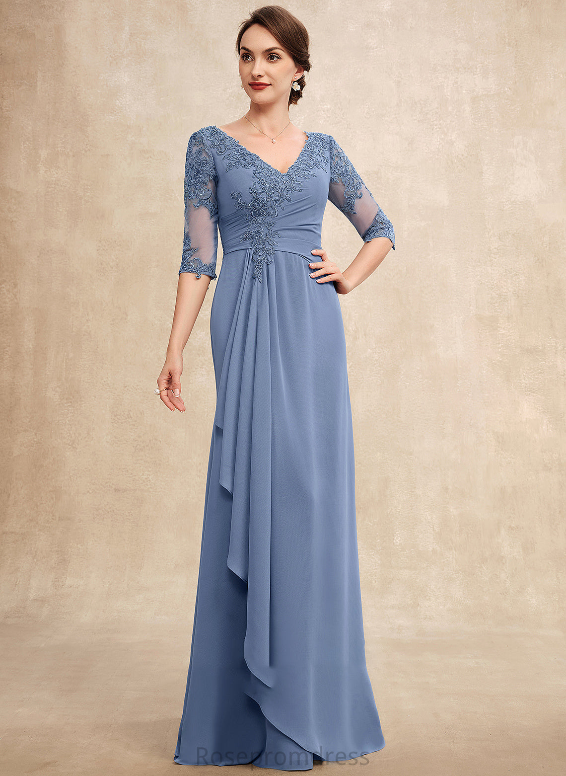 the Cascading Dress of Chiffon V-neck With Bride A-Line Mother of the Bride Dresses Ruffles Floor-Length Mother Phoebe Lace