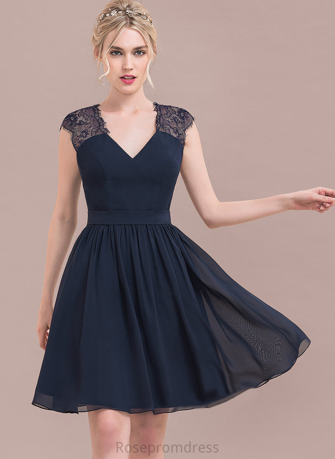 Lace V-neck Dress Knee-Length Cocktail Dresses A-Line Chiffon Alissa Cocktail