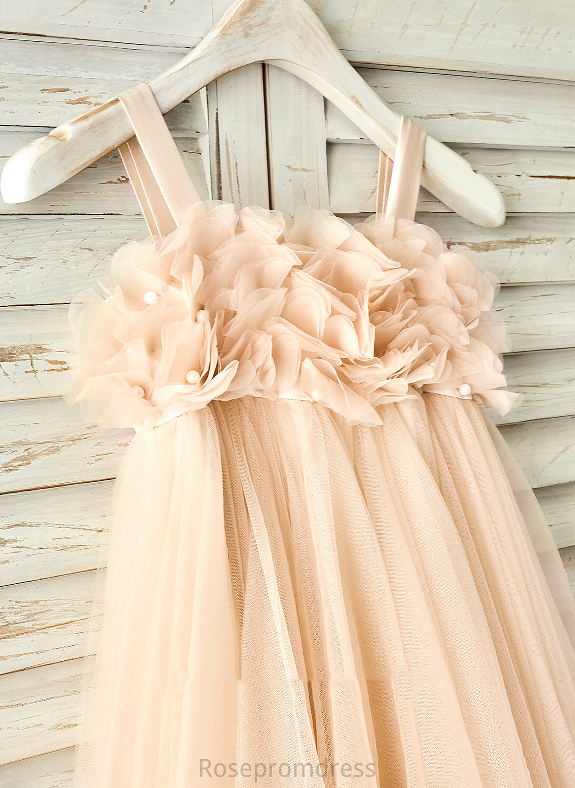 Girl With Sleeveless Flower Straps Beading Knee-length Elle A-Line/Princess Flower Girl Dresses - Tulle Dress