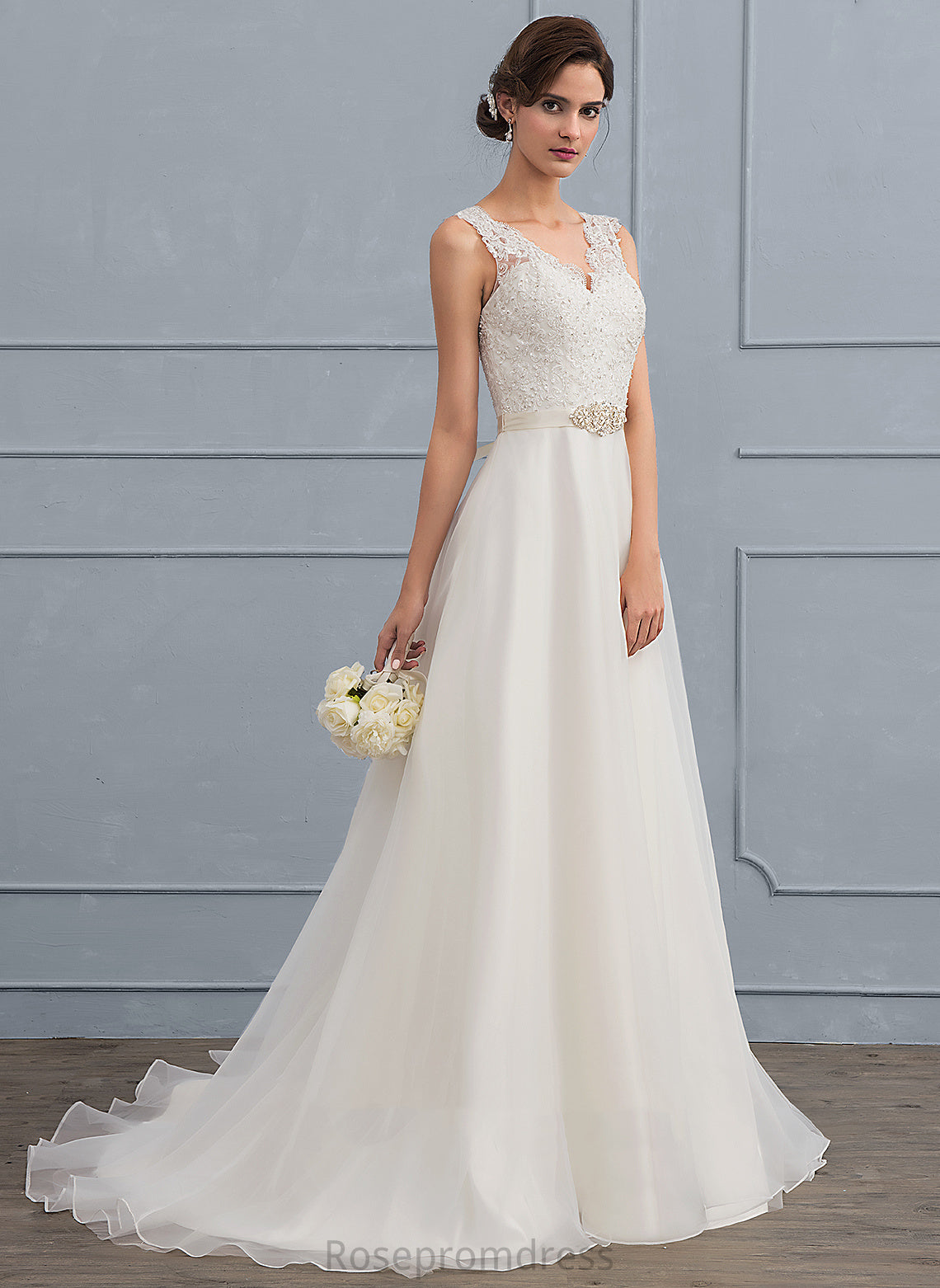 Wedding Dresses Allison A-Line Dress Sweep Beading Organza Lace With Bow(s) Wedding V-neck Train