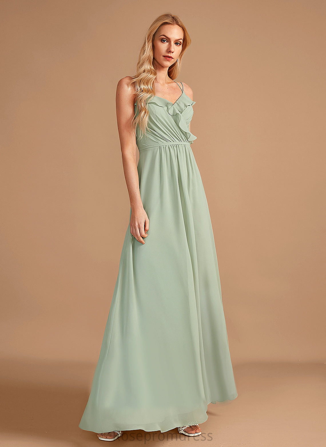 Fabric Embellishment Neckline Floor-Length Silhouette A-Line Length Ruffle V-neck Mckayla A-Line/Princess Scoop Bridesmaid Dresses