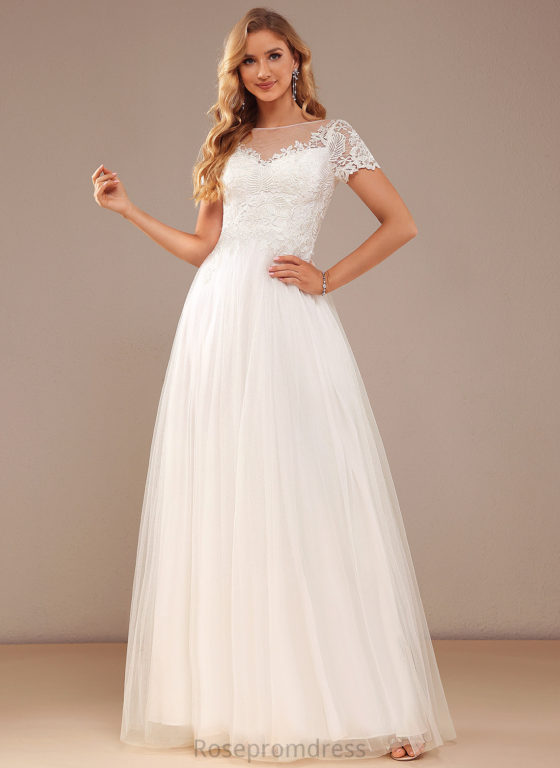 A-Line Neck Floor-Length Wedding With Scoop Sandy Lace Dress Wedding Dresses Tulle Lace