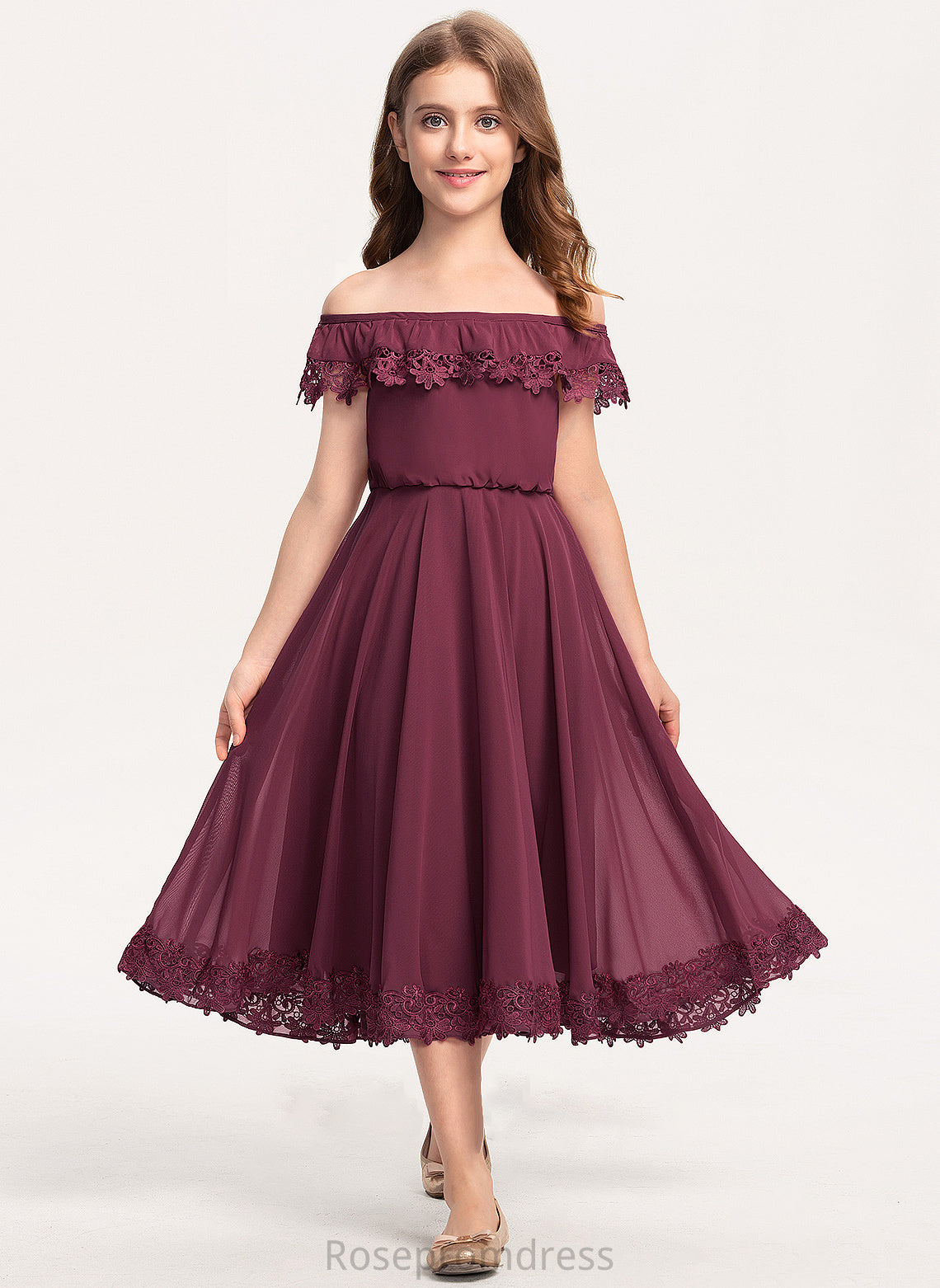 Tea-Length Zoey A-Line Off-the-Shoulder Junior Bridesmaid Dresses Chiffon Lace