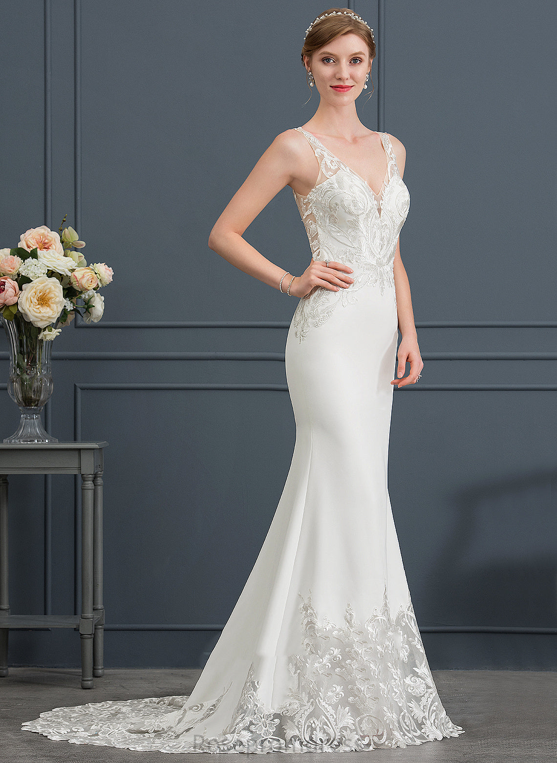 Wedding Wedding Dresses Court Dress Lace Stretch Crepe Trumpet/Mermaid V-neck Camila Train