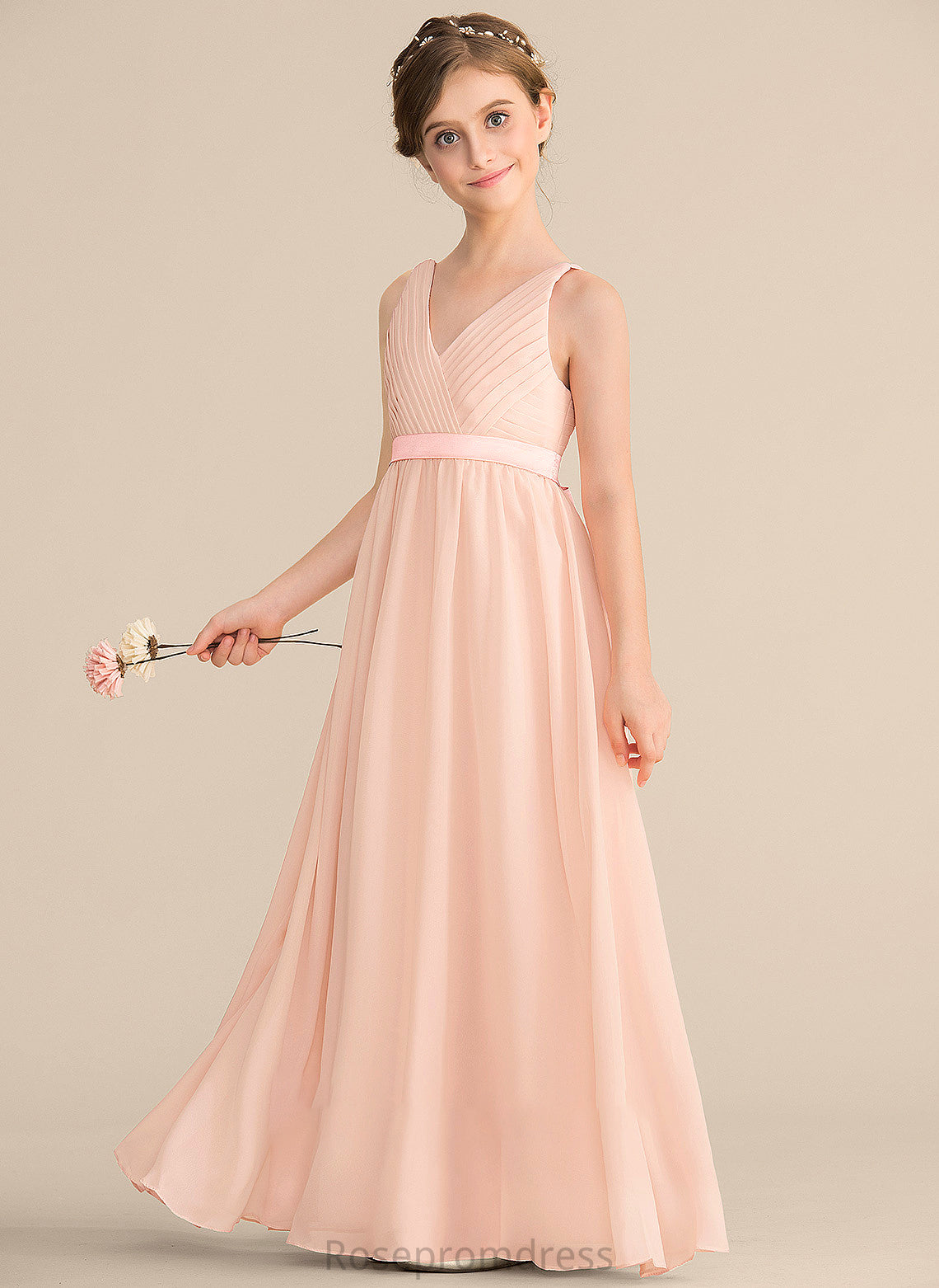 Ruby Floor-Length Junior Bridesmaid Dresses V-neck Chiffon Ruffle With Bow(s) A-Line