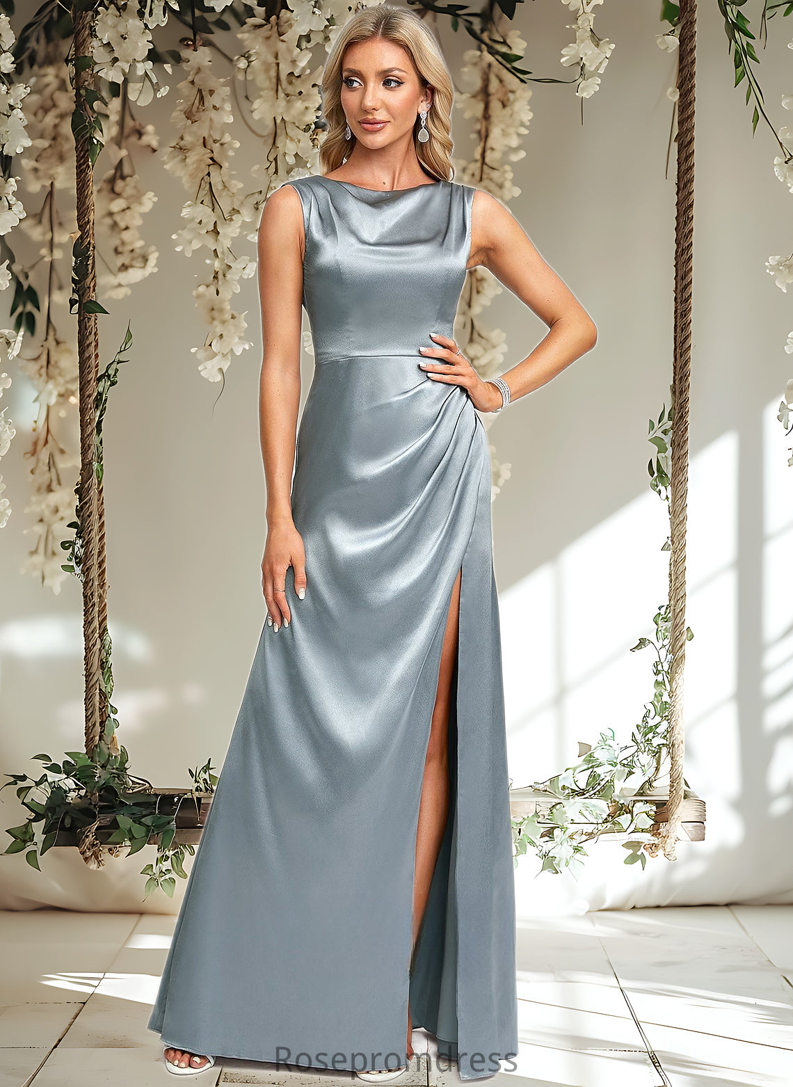 Alisa A-line Scoop Cowl Floor-Length Stretch Satin Prom Dresses DSP0025878