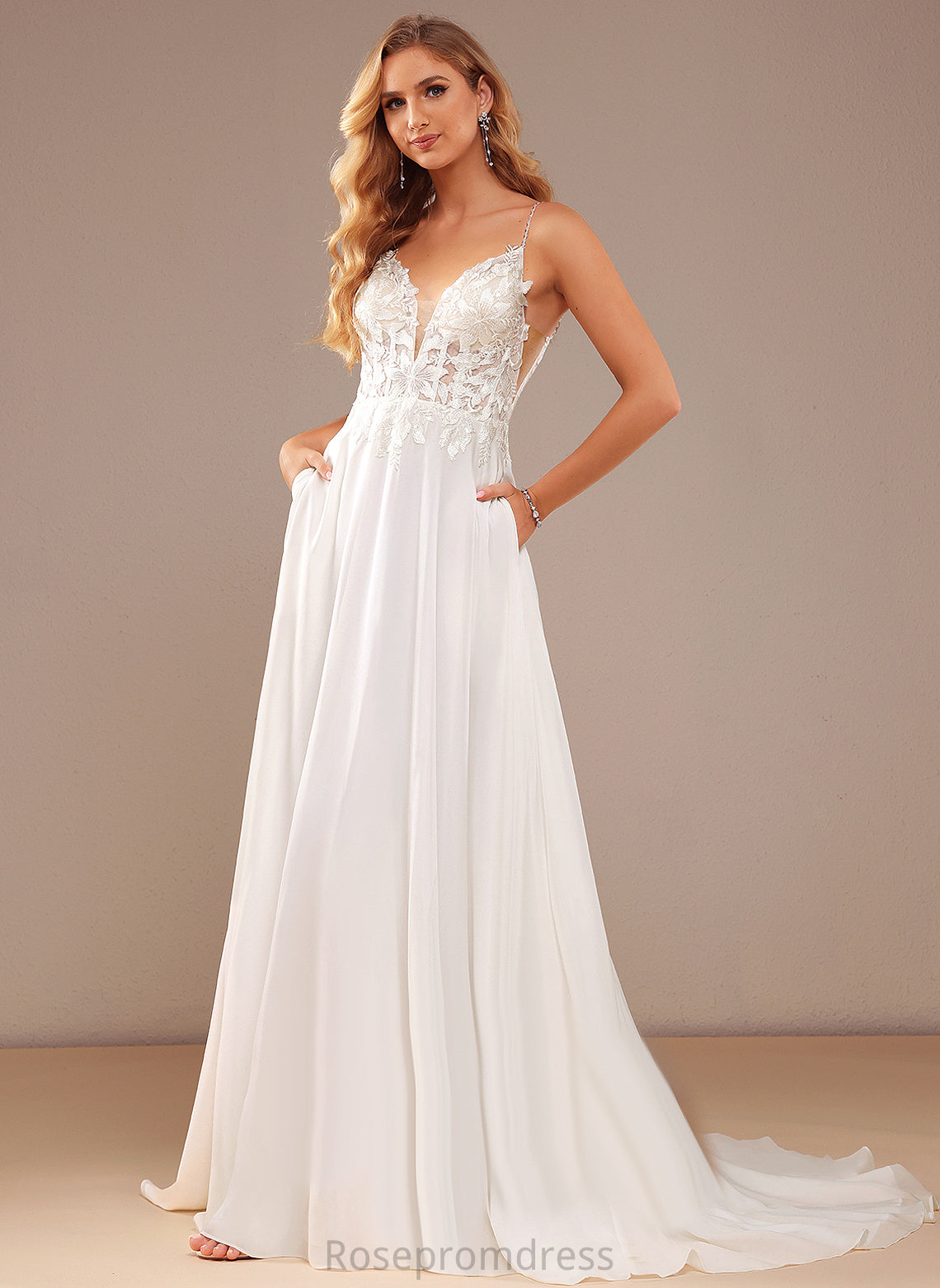 V-neck Wedding Sequins Court Lace Lace Train Beading Pockets Wedding Dresses Amari Chiffon A-Line With Feather Dress