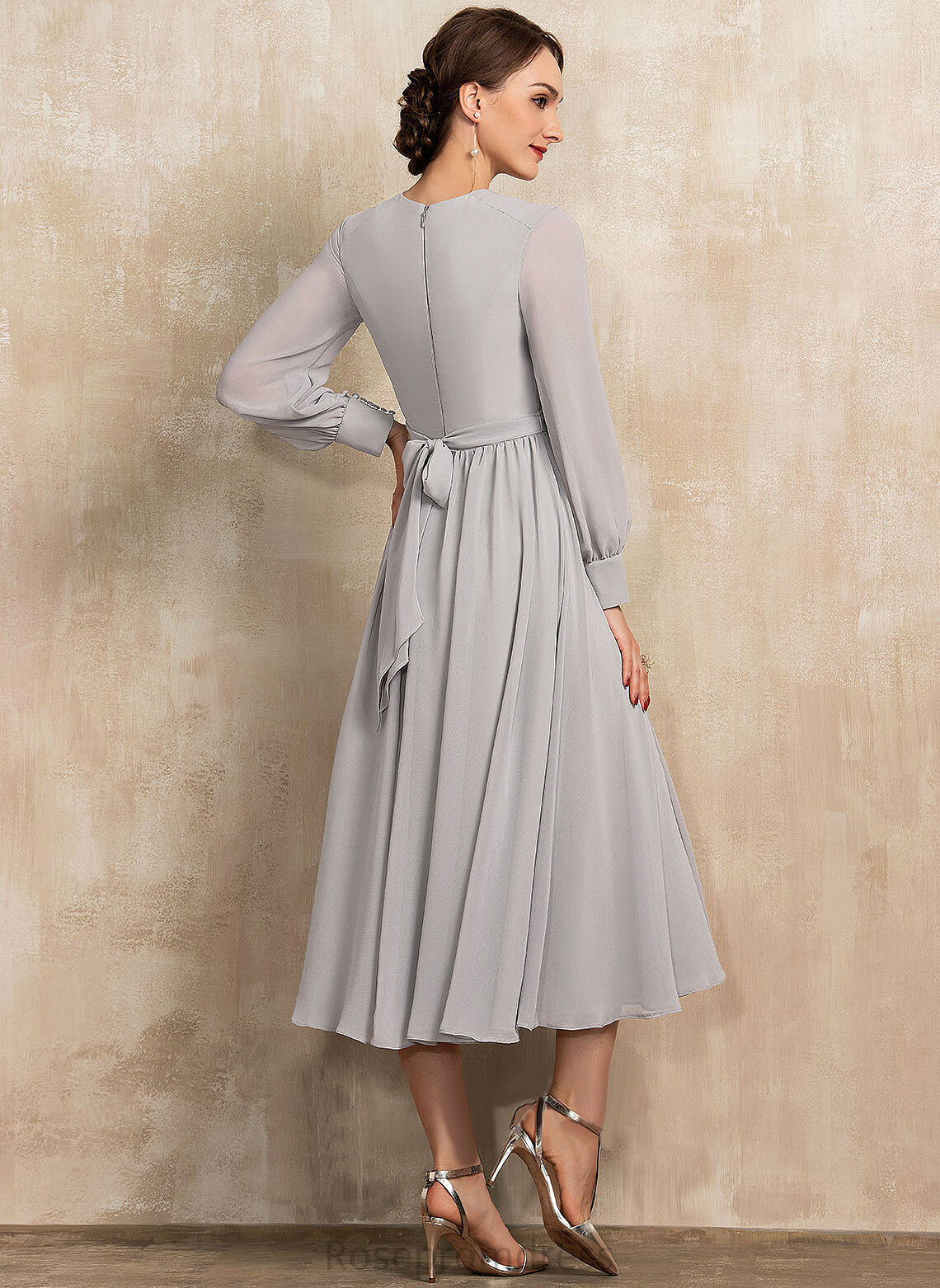 Neck Chiffon Tea-Length Dress Bow(s) A-Line Julie of Scoop the Mother of the Bride Dresses With Bride Mother