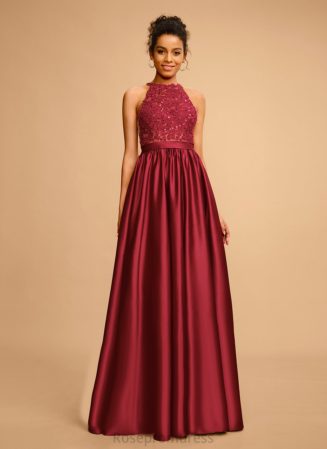 Floor-Length Halter Satin Lace Sequins Prom Dresses Ball-Gown/Princess With Nayeli