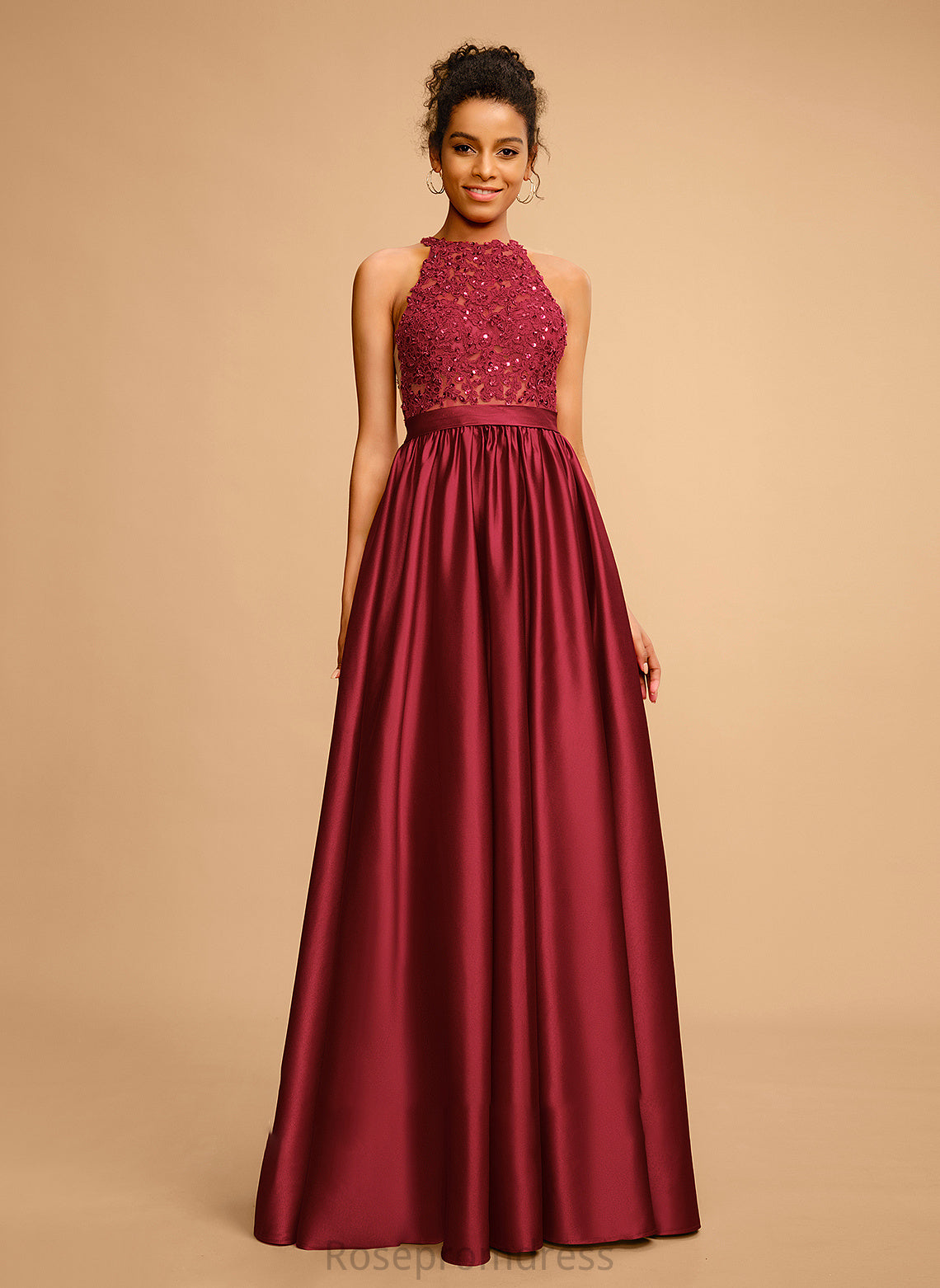 Jolie Satin Ball-Gown/Princess Prom Dresses With Sequins Floor-Length Halter