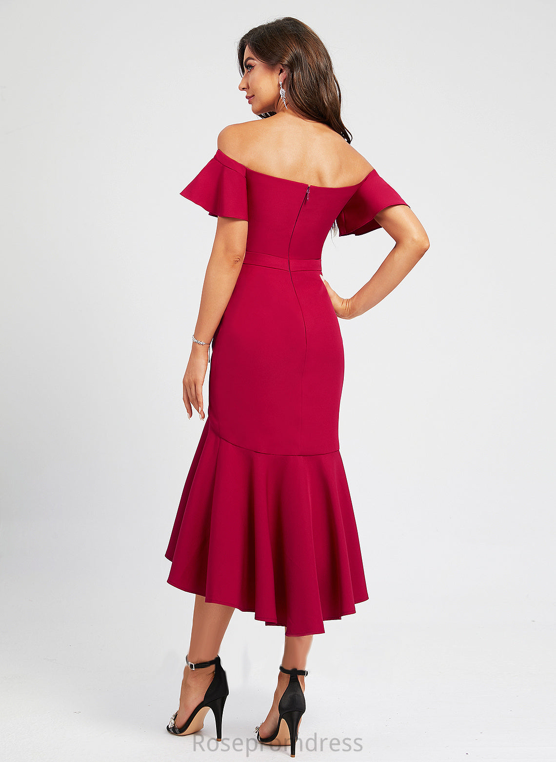 Cocktail Crepe With Dress Off-the-Shoulder Ruffle Trumpet/Mermaid Samantha Stretch Cocktail Dresses Asymmetrical