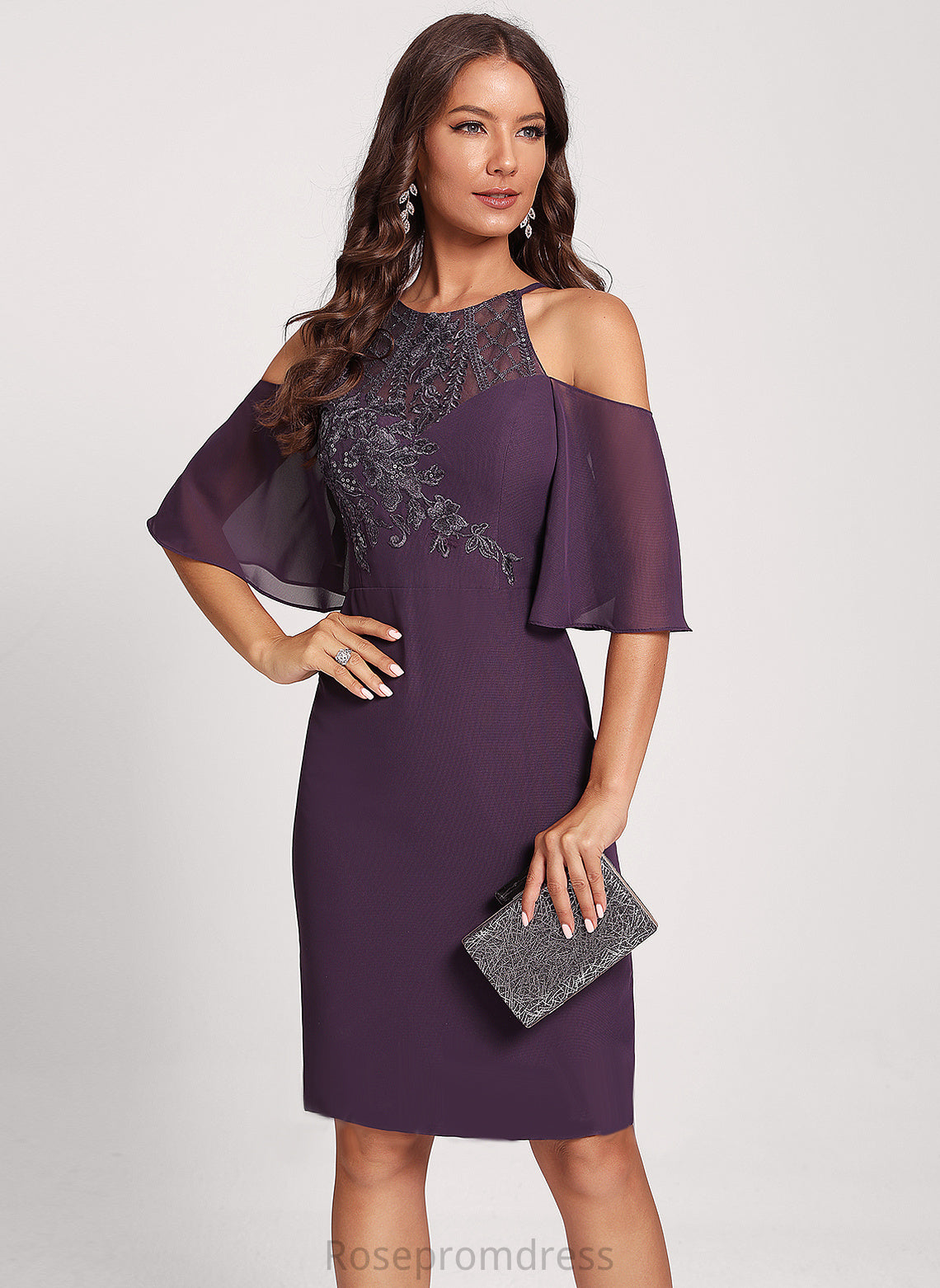 Cocktail Knee-Length Cold Lace Magdalena Shoulder Chiffon Club Dresses Sequins Dress With Sheath/Column