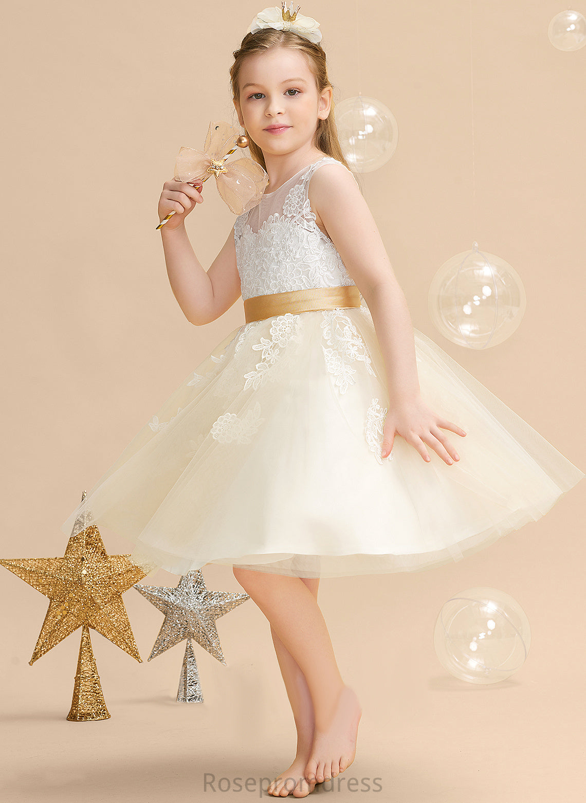 With Dress Girl Neck A-Line Appliques/V Lana Back Sleeveless Scoop Flower - Flower Girl Dresses Satin/Tulle/Lace Knee-length