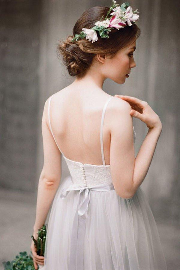 Spaghetti Straps Lace Top Light Grey A-line Tulle Simple Design Beach Wedding Dresses RS513