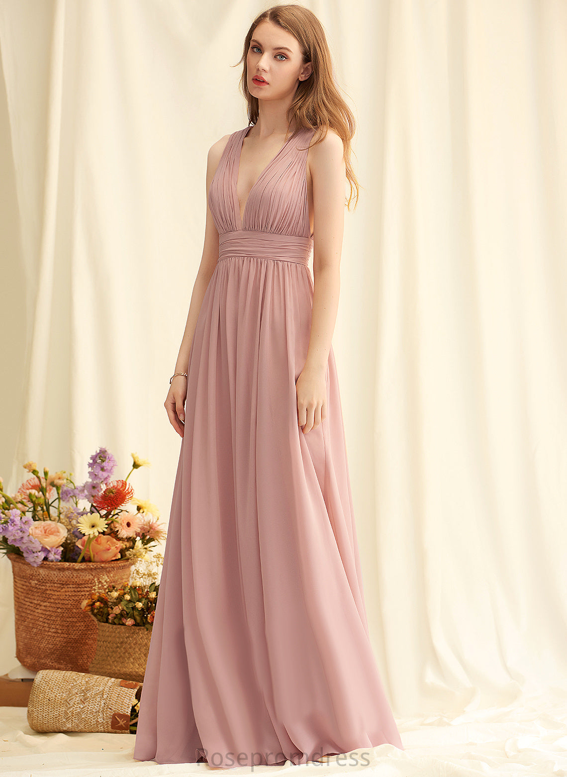 Fabric Neckline Silhouette V-neck Embellishment A-Line Floor-Length Length Pleated Damaris Sleeveless Floor Length Bridesmaid Dresses