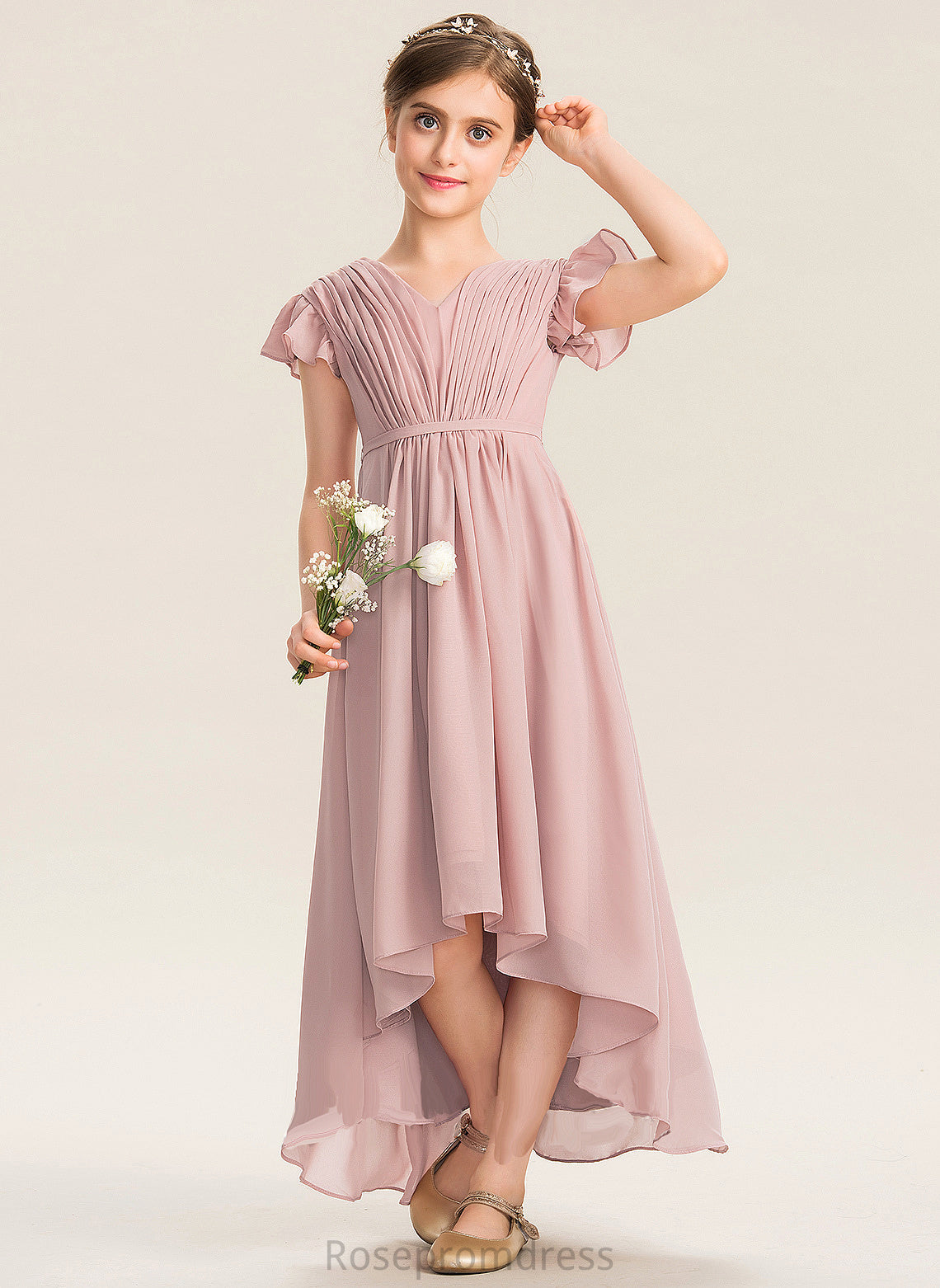 Angelica V-neck Asymmetrical Junior Bridesmaid Dresses Bow(s) Chiffon Ruffles A-Line Cascading With