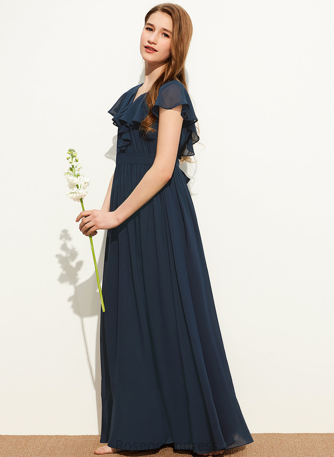 Chloe Junior Bridesmaid Dresses Cascading Floor-Length Bow(s) Ruffles A-Line With V-neck Chiffon