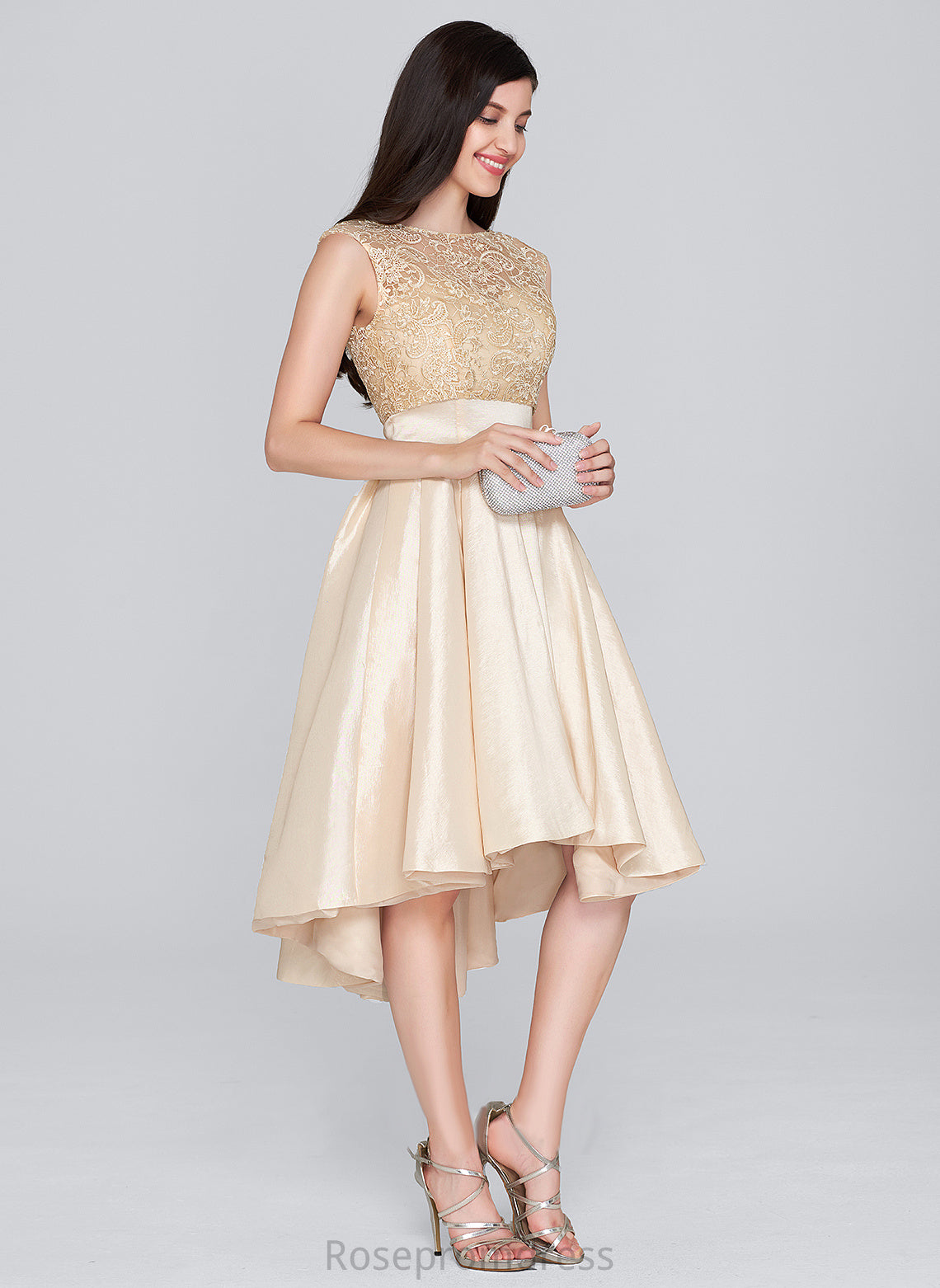 Neck Homecoming Taffeta A-Line Dress Lace Scoop Gill Asymmetrical Homecoming Dresses With