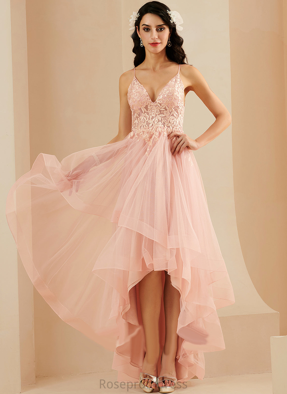 Lace Tulle Ball-Gown/Princess Prom Dresses V-neck Emmalee Asymmetrical