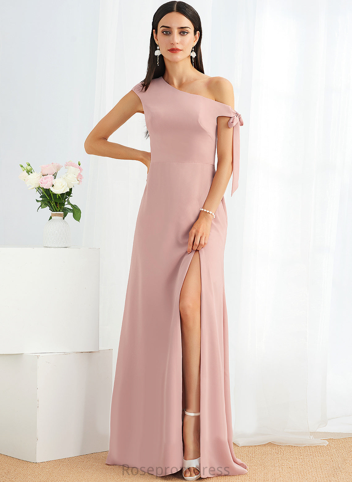 Length Floor-Length A-Line Neckline Fabric Silhouette One-Shoulder Embellishment Bow(s) Laney Natural Waist Straps Bridesmaid Dresses