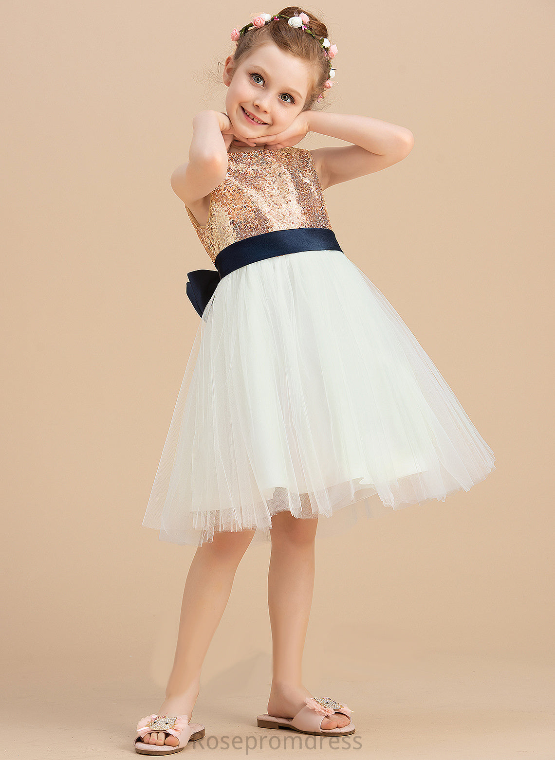 Knee-length Flower (Undetachable Girl Neck Sleeveless With Dress A-Line Satin/Tulle/Sequined Sequins/Bow(s) Flower Girl Dresses Scoop Paityn sash)