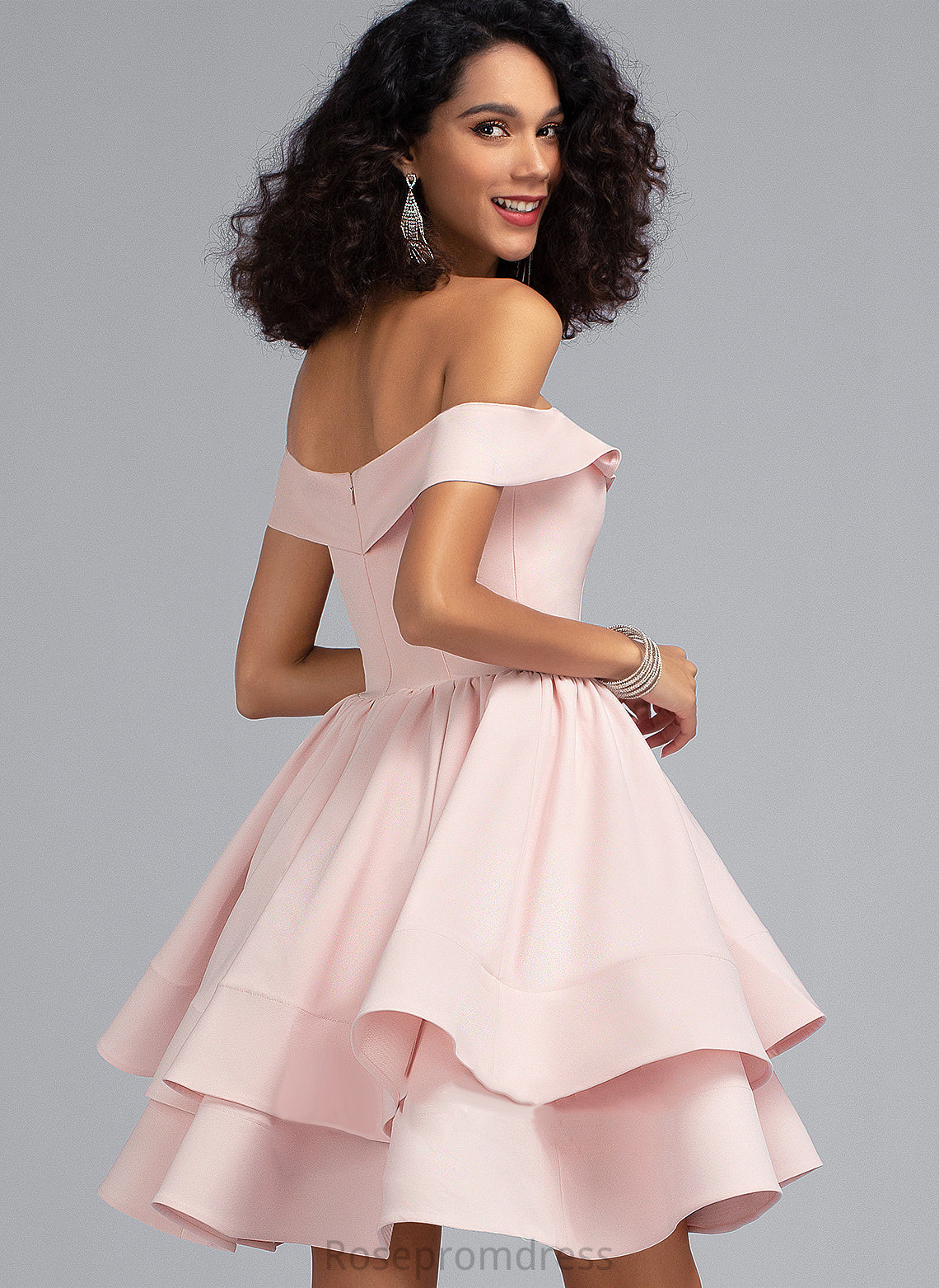 Cascading Short/Mini Ruffles Homecoming Crepe A-Line Stretch Aryana Dress Homecoming Dresses With Off-the-Shoulder