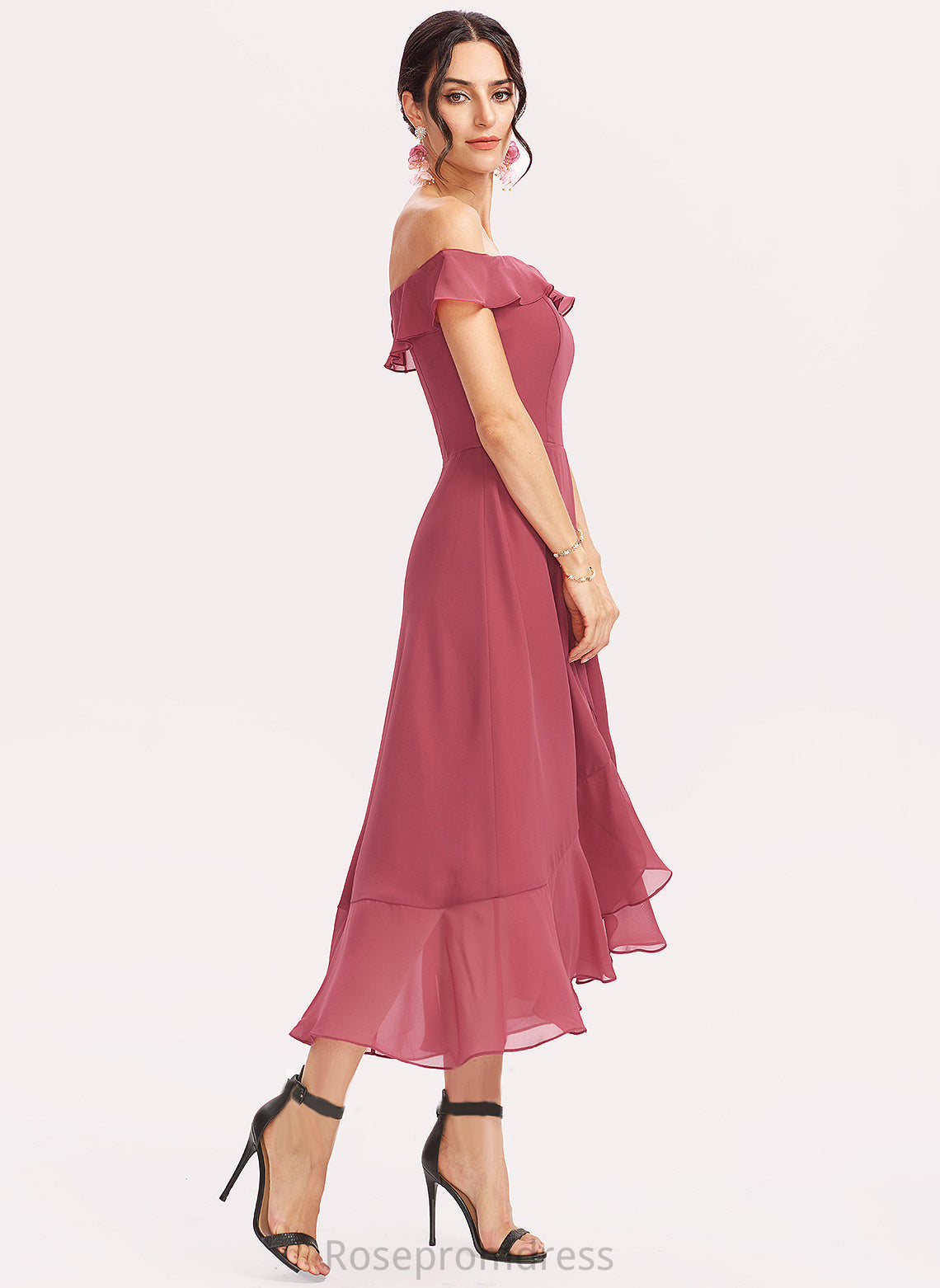 Silhouette CascadingRuffles A-Line Embellishment Tea-Length Fabric Neckline Length Off-the-Shoulder Mariana Bridesmaid Dresses