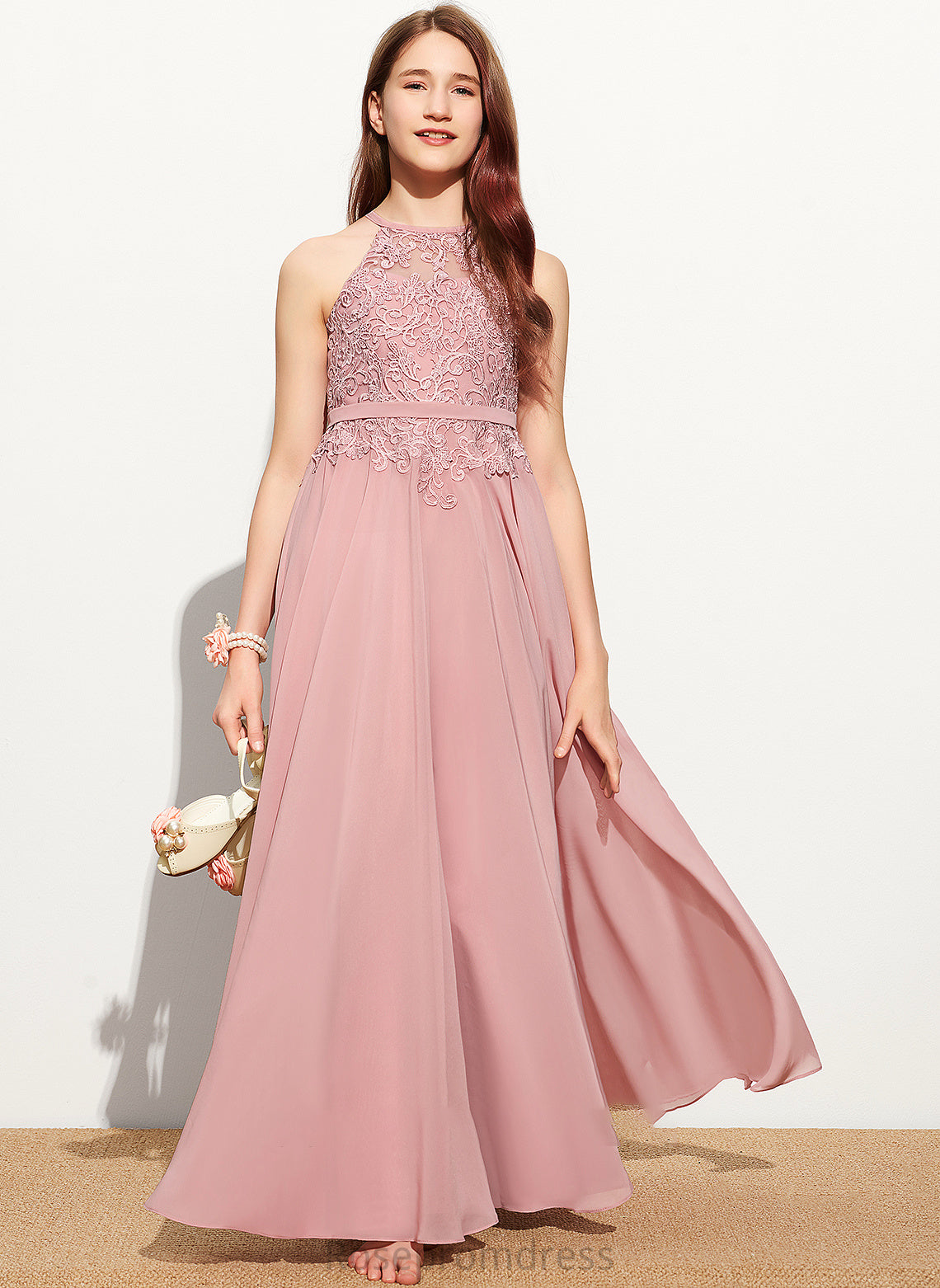 Junior Bridesmaid Dresses Floor-Length Hanna Chiffon Scoop Neck Lace A-Line