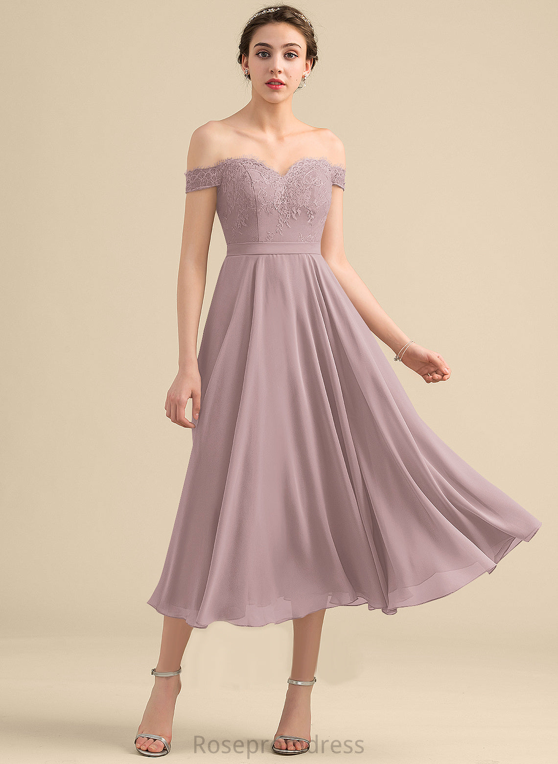 Off-the-Shoulder Embellishment Beading Length Silhouette A-Line Fabric Tea-Length Neckline Nataly Natural Waist Scoop Bridesmaid Dresses