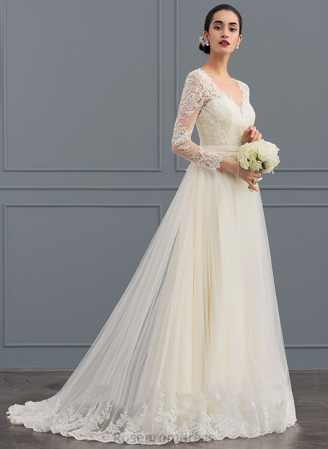 Wedding Dresses Dress Tulle Ball-Gown/Princess Train Virginia V-neck Wedding Lace Sweep