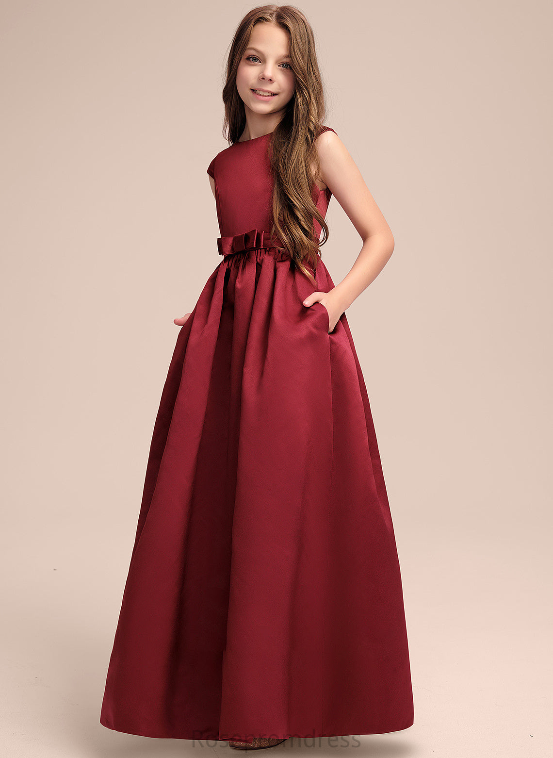 Bow(s) A-Line Junior Bridesmaid Dresses Floor-Length Pockets Satin Neck With Teresa Scoop