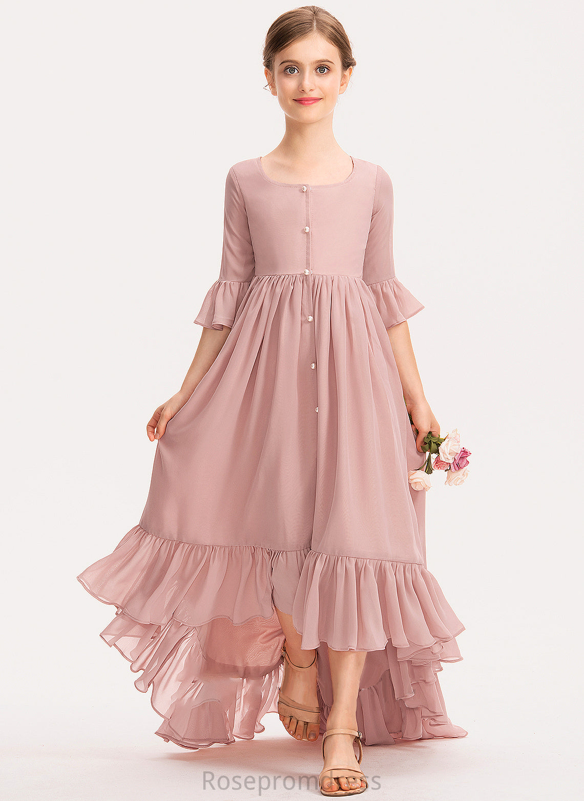 A-Line Neck Chiffon Junior Bridesmaid Dresses Scoop Ruffles Bow(s) Cascading Asymmetrical Lauretta With