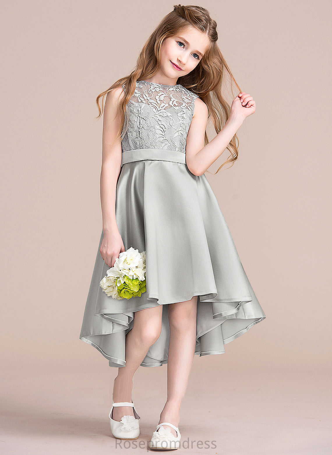 Junior Bridesmaid Dresses Neck Scoop Satin Asymmetrical Angelina A-Line