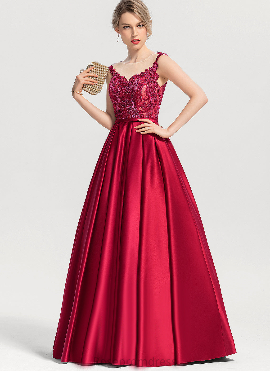 Lace Scoop Satin Ball-Gown/Princess Prom Dresses With Floor-Length Courtney Sequins Illusion