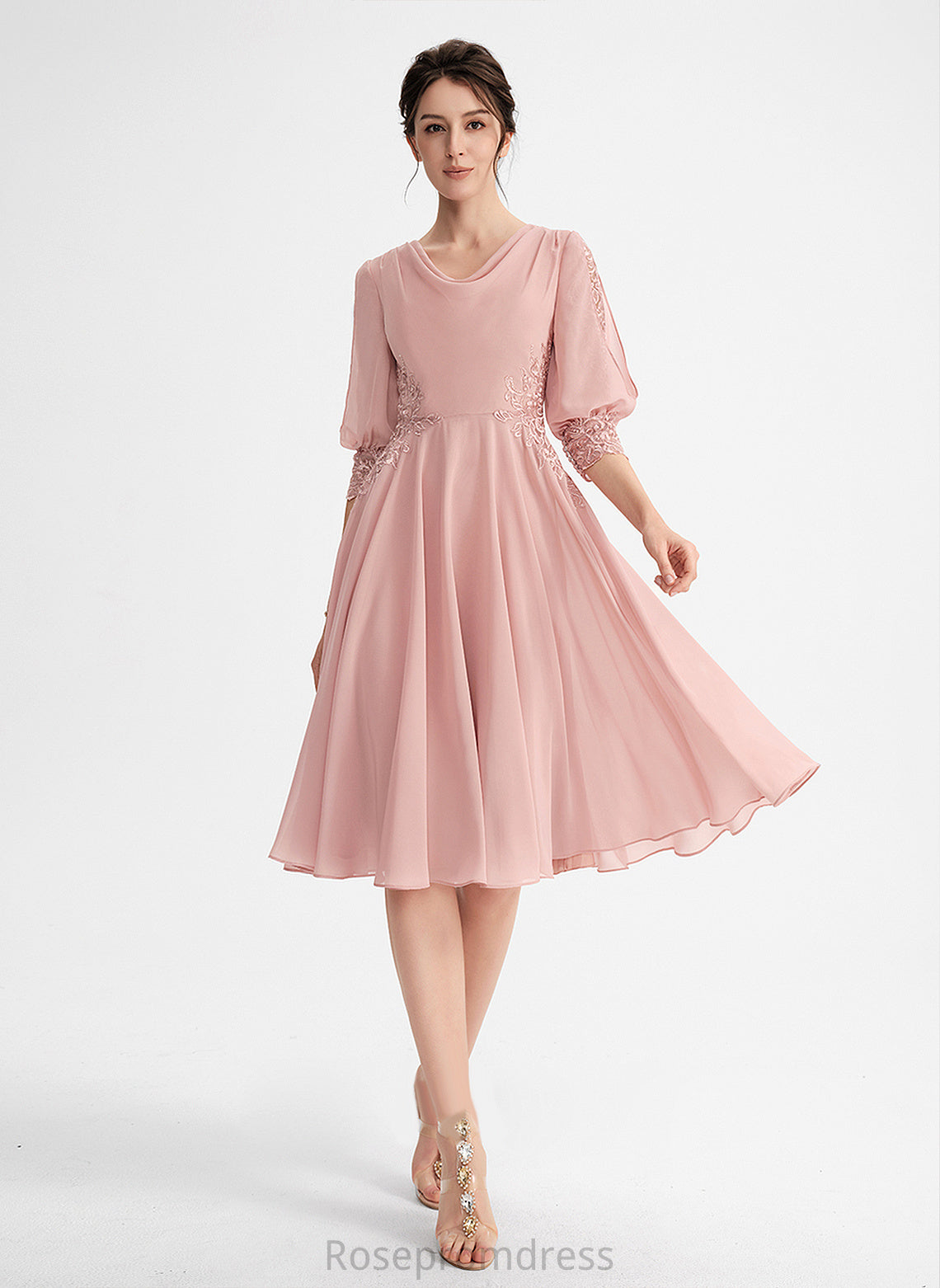 Chiffon Neck Cocktail Knee-Length Cowl Lace Dress Cocktail Dresses A-Line Gia With