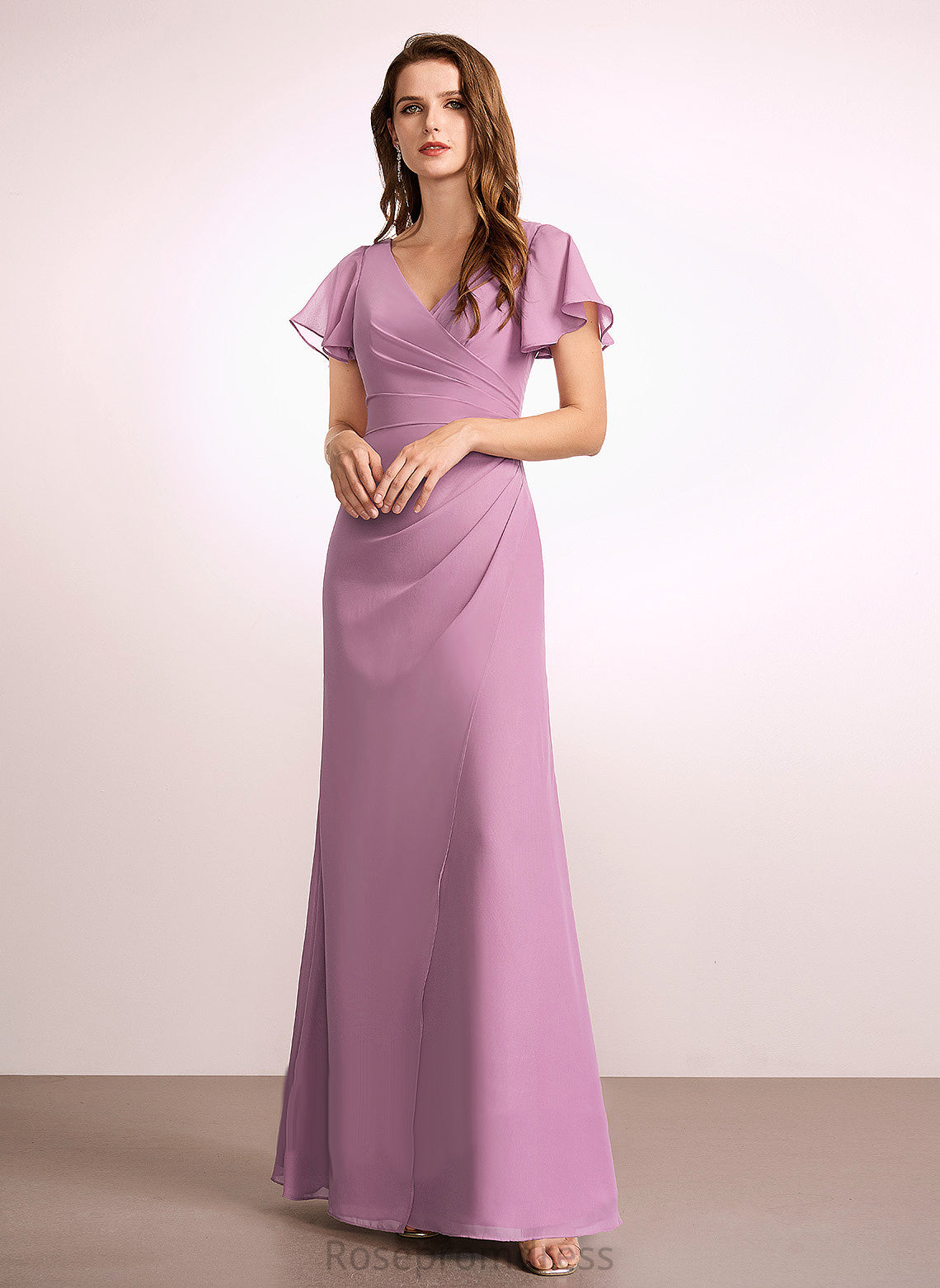 Embellishment Sheath/Column Silhouette Ruffle V-neck Floor-Length Fabric Length Neckline Akira Straps Sleeveless Bridesmaid Dresses