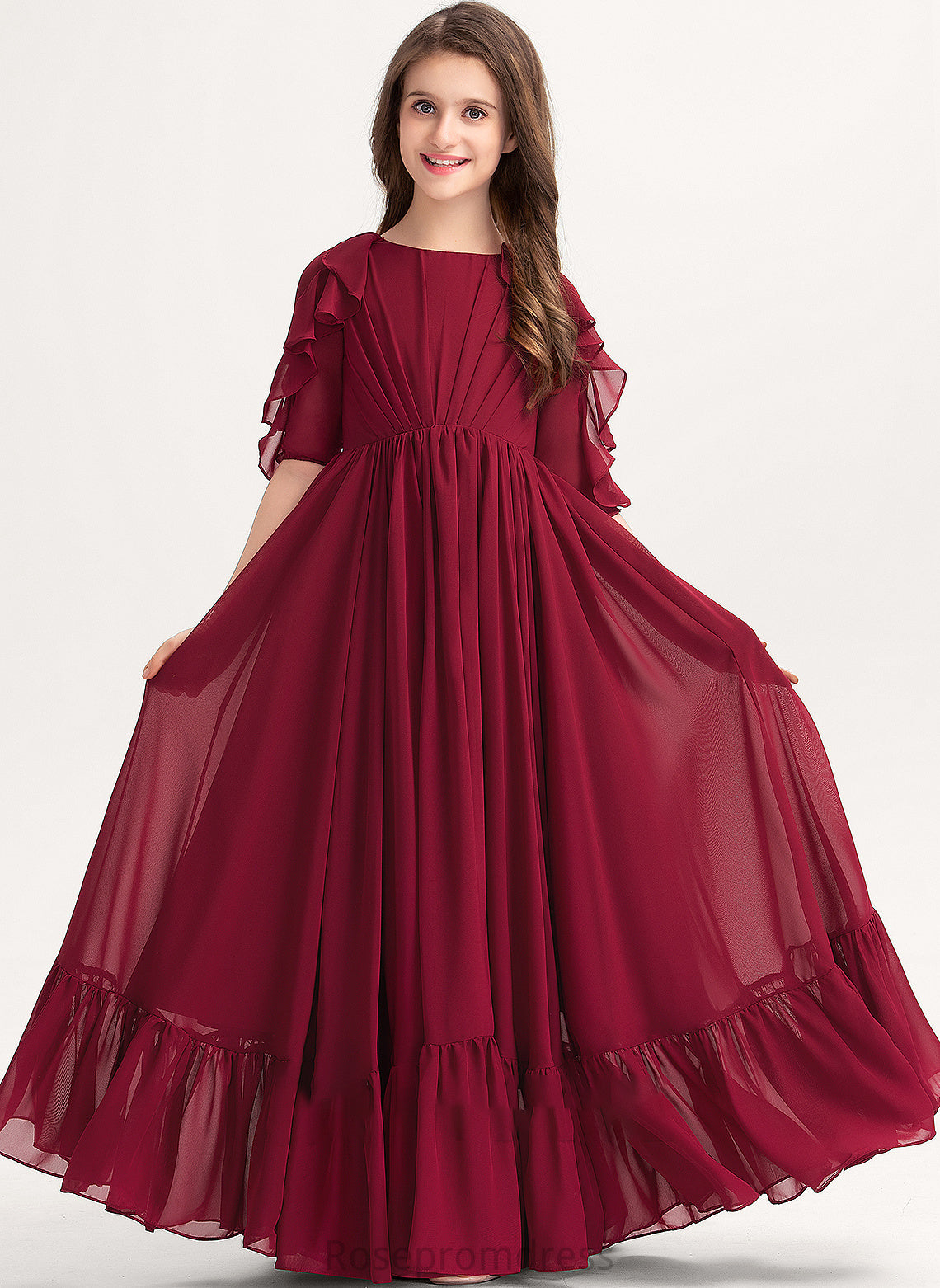 Ruffles A-Line Chiffon Junior Bridesmaid Dresses Floor-Length With Scoop Cascading Tiana Neck