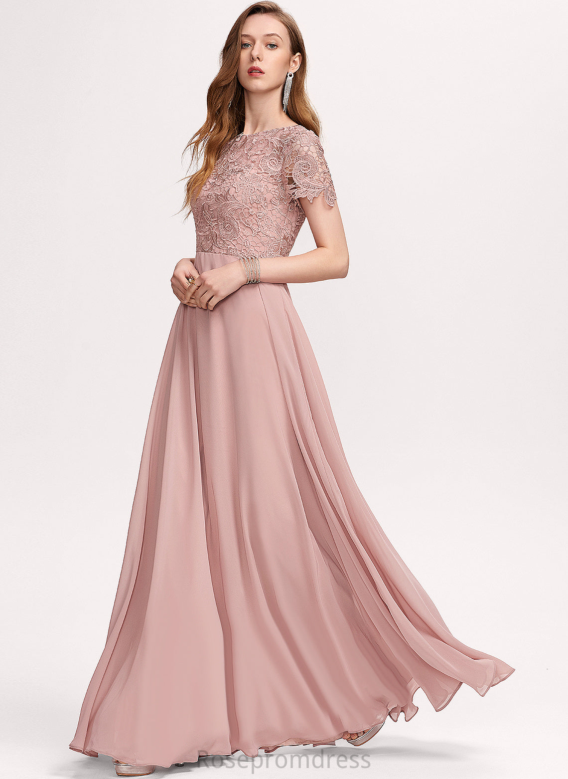 A-Line Scoop Sequins Danielle With Chiffon Floor-Length Lace Prom Dresses