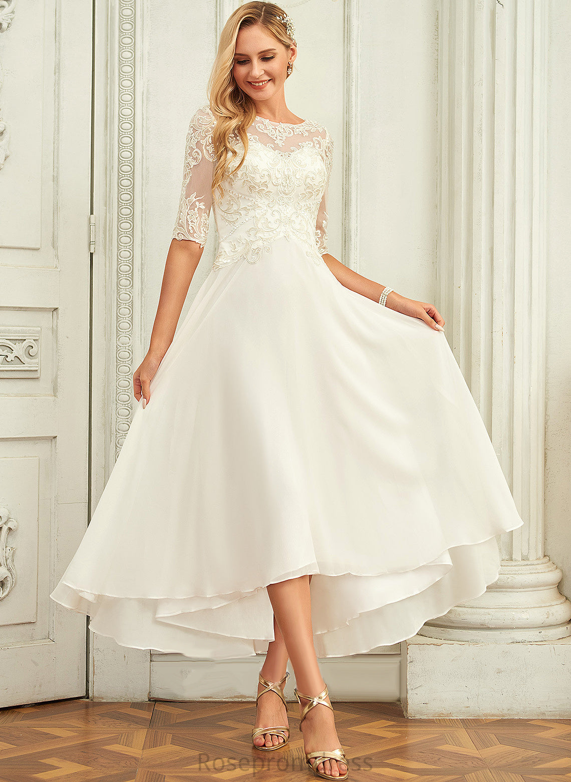 Dress Scoop Chiffon A-Line With Beading Neck Dayanara Sequins Wedding Wedding Dresses Asymmetrical Lace