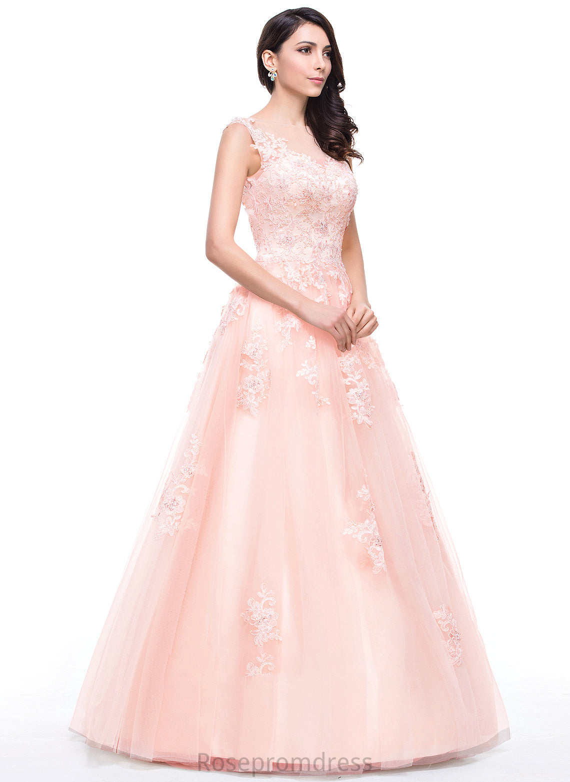 Ball-Gown/Princess Scoop Sequins Prom Dresses Neck Lace Appliques Beading With Tulle Sage Floor-Length