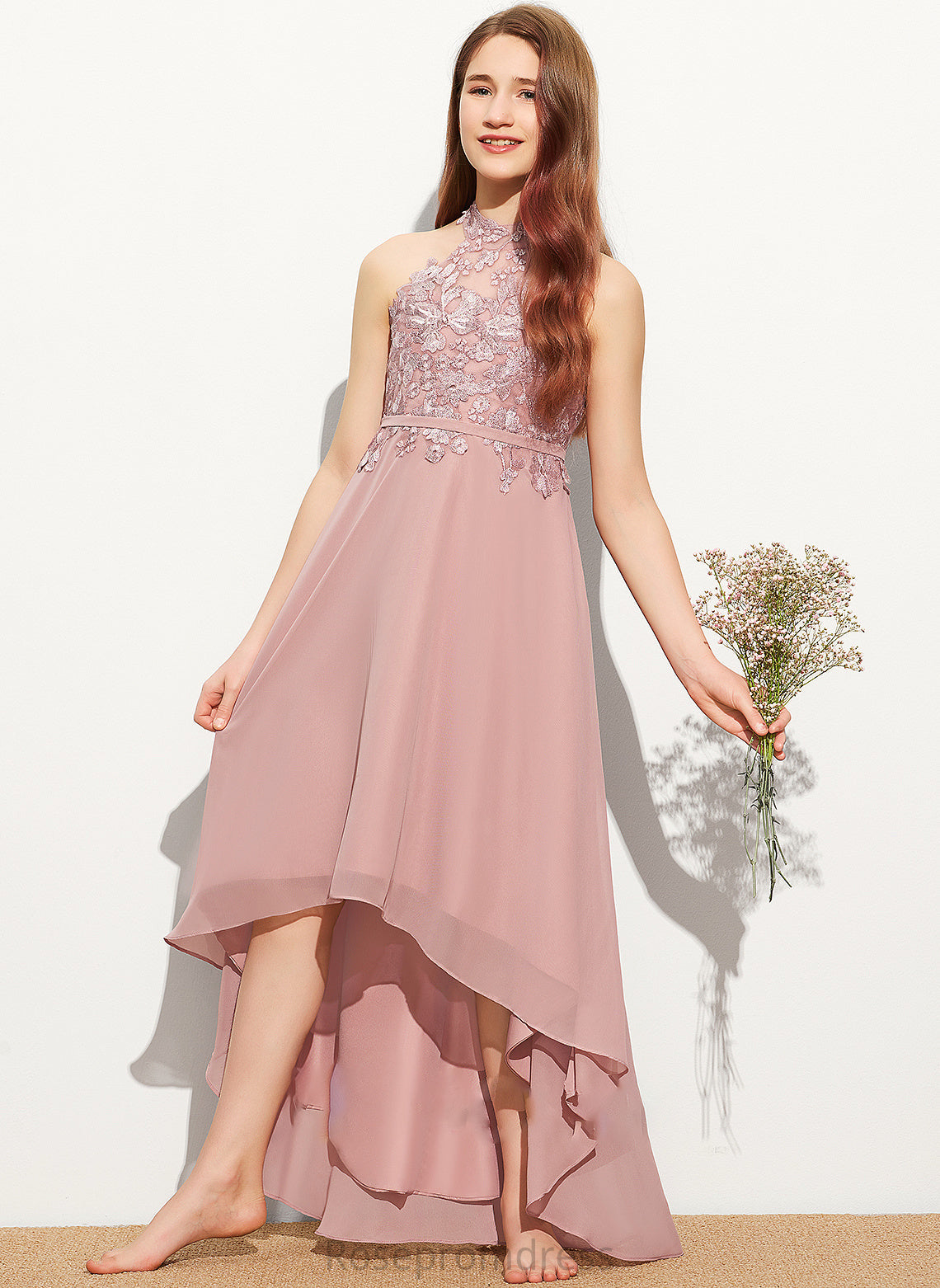 Junior Bridesmaid Dresses Lace Hannah Neck Chiffon Asymmetrical A-Line Scoop