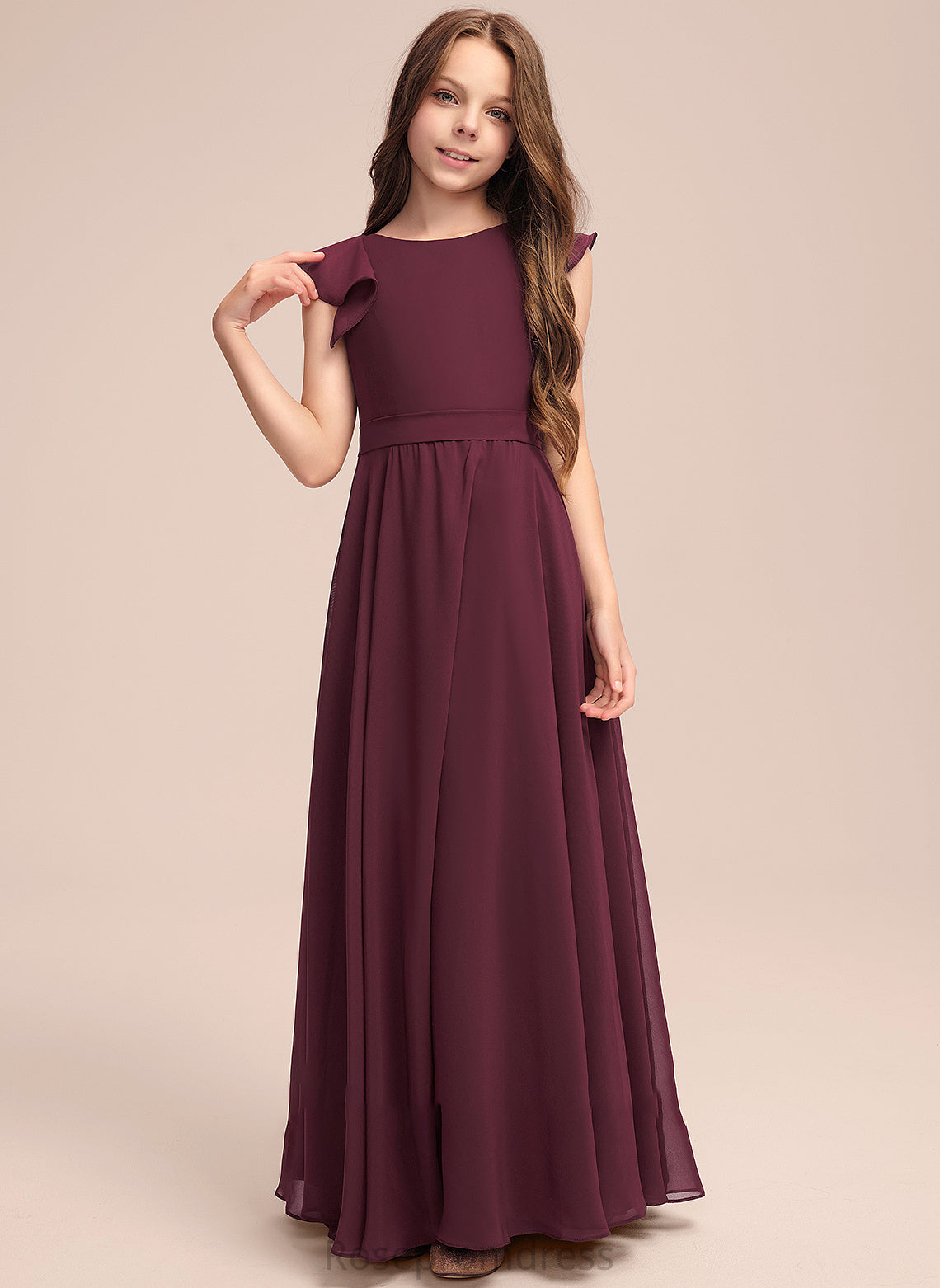 Chiffon Ruffles Floor-Length Cascading Junior Bridesmaid Dresses With A-Line Neck Elva Scoop