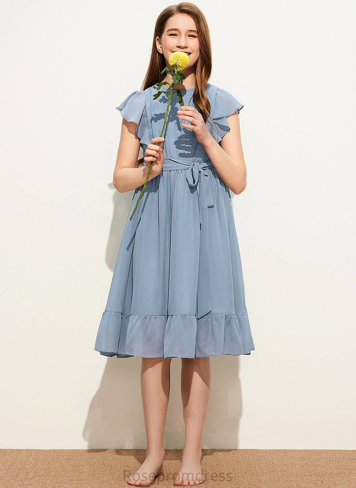 Knee-Length Scoop With Saige Chiffon A-Line Cascading Junior Bridesmaid Dresses Neck Ruffles Bow(s)