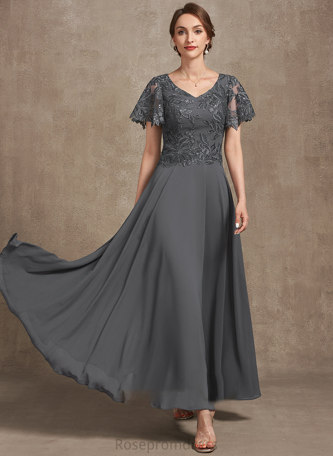 With Bride Lace Mother Sequins of Chiffon the A-Line Dress Ankle-Length Mother of the Bride Dresses Brielle V-neck