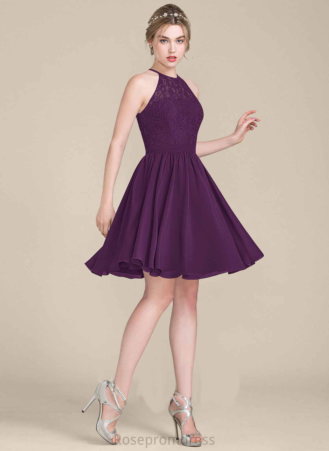 Scoop Neck Cocktail Dresses A-Line Cocktail Aylin Lace Knee-Length Chiffon Dress