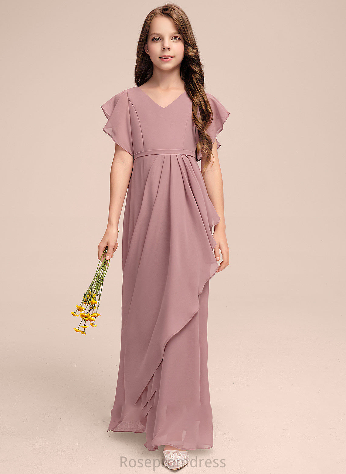 Precious V-neck Cascading Ruffles Junior Bridesmaid Dresses With Floor-Length A-Line Chiffon