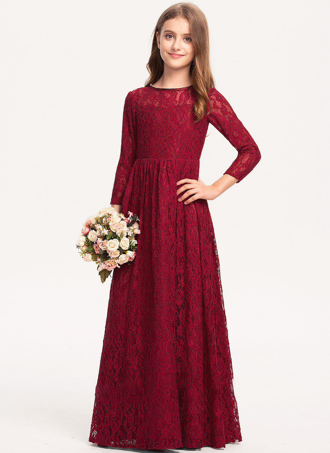 A-Line Junior Bridesmaid Dresses Scoop Lace Neck Floor-Length Millie