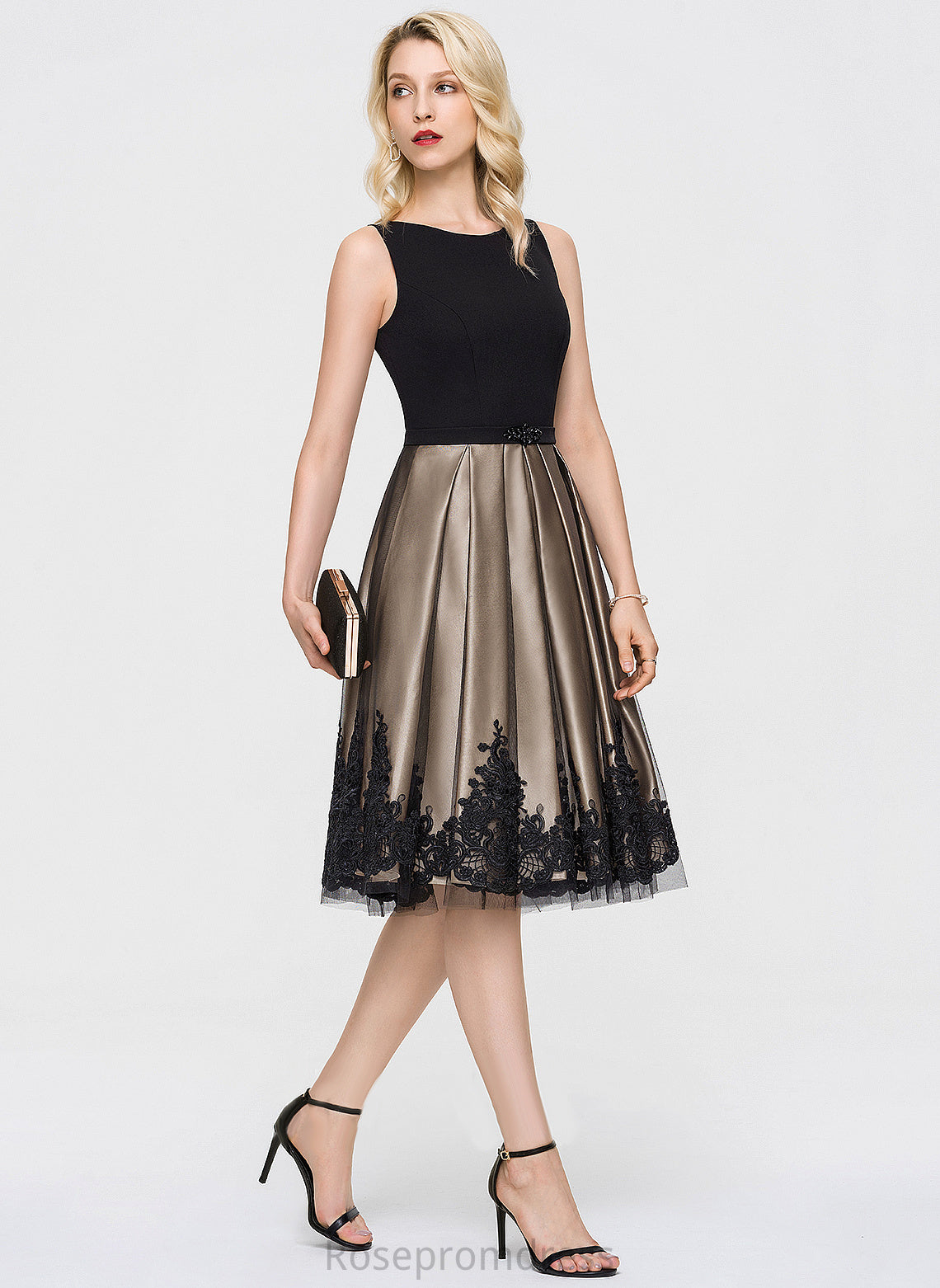 Cocktail Dresses Crepe Cocktail Aliana Tulle Beading Neck Stretch A-Line Scoop Knee-Length With Sequins Dress